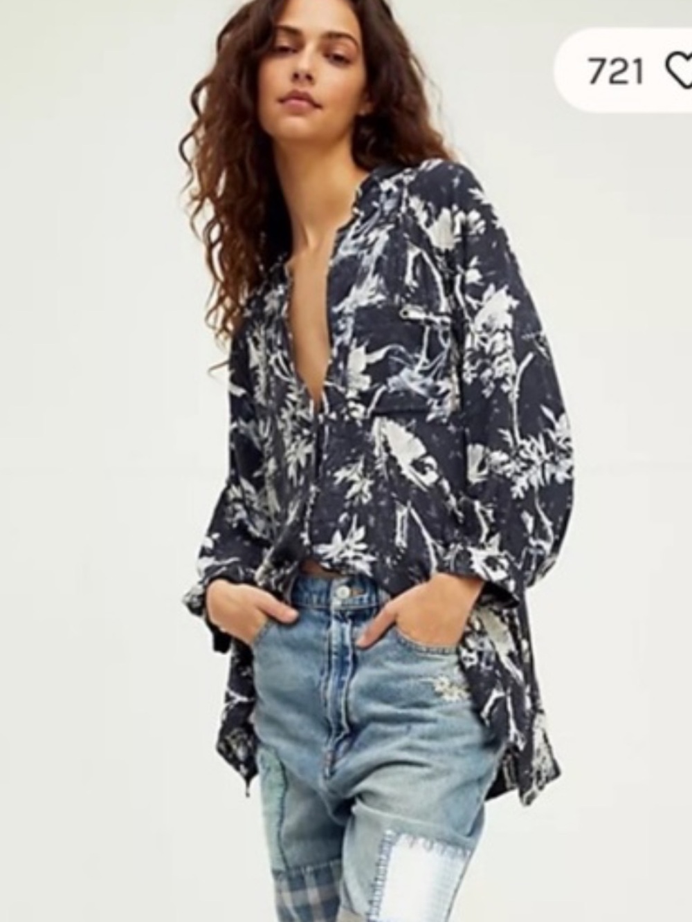 Free People Navy and White Floral Button-Down Shirt